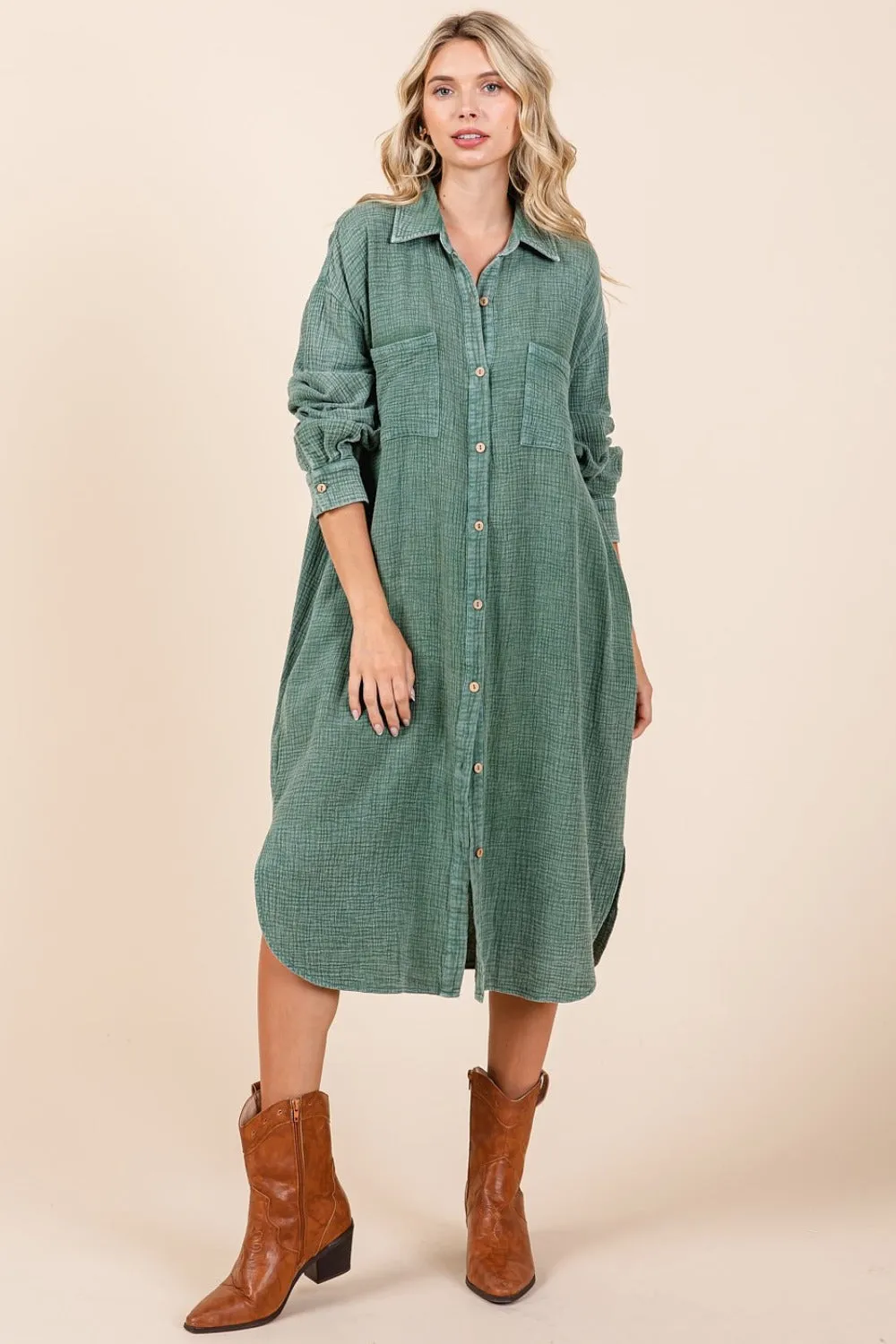 Mittoshop Mineral Wash Cotton Gauze Midi Shirt Dress sold by Charming Charlie product image thumbnail 5