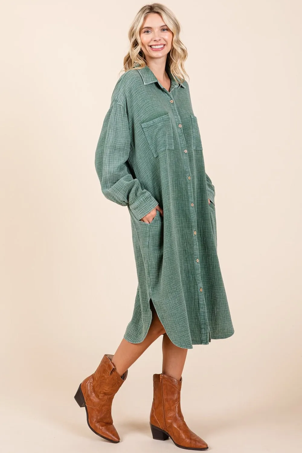 Mittoshop Mineral Wash Cotton Gauze Midi Shirt Dress sold by Charming Charlie product image thumbnail 2
