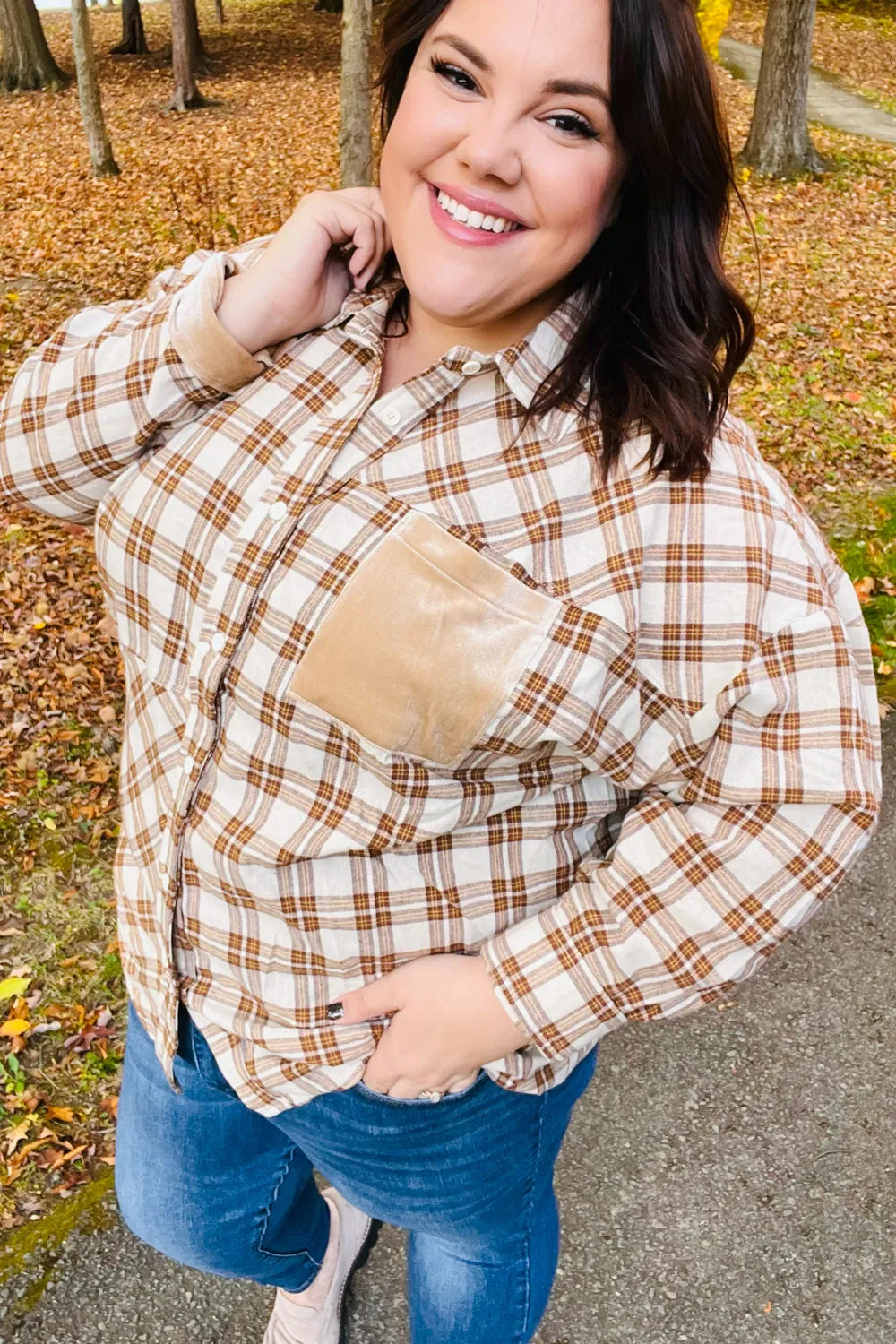 Taupe Plaid Velvet Pocket Button Down Top sold by Charming Charlie product image thumbnail 3