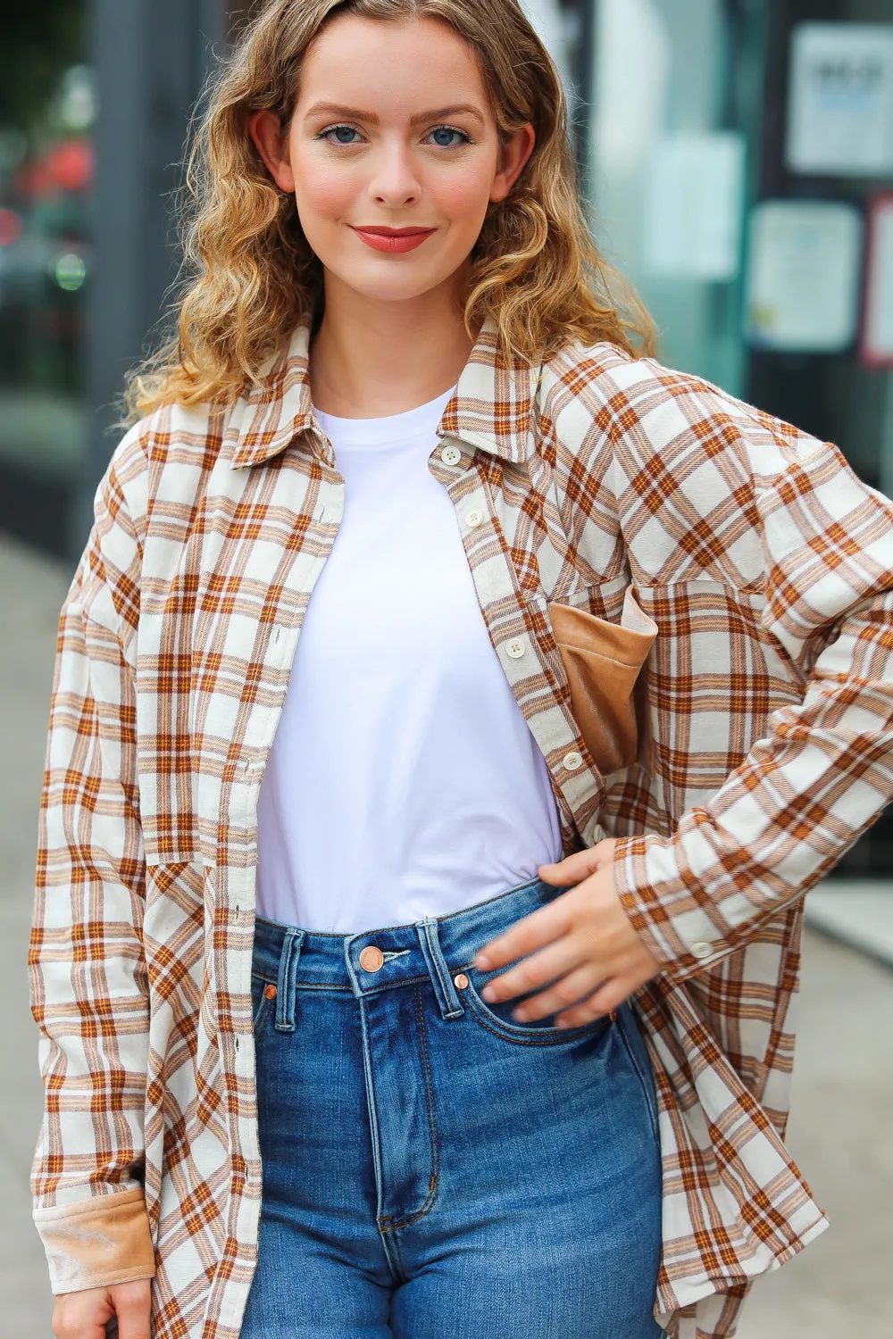 Taupe Plaid Velvet Pocket Button Down Top sold by Charming Charlie product image thumbnail 5