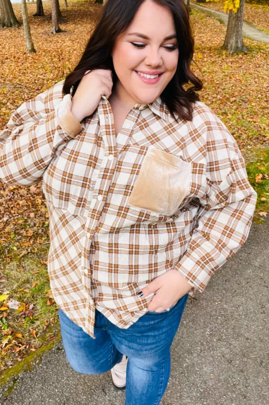 Taupe Plaid Velvet Pocket Button Down Top sold by Charming Charlie