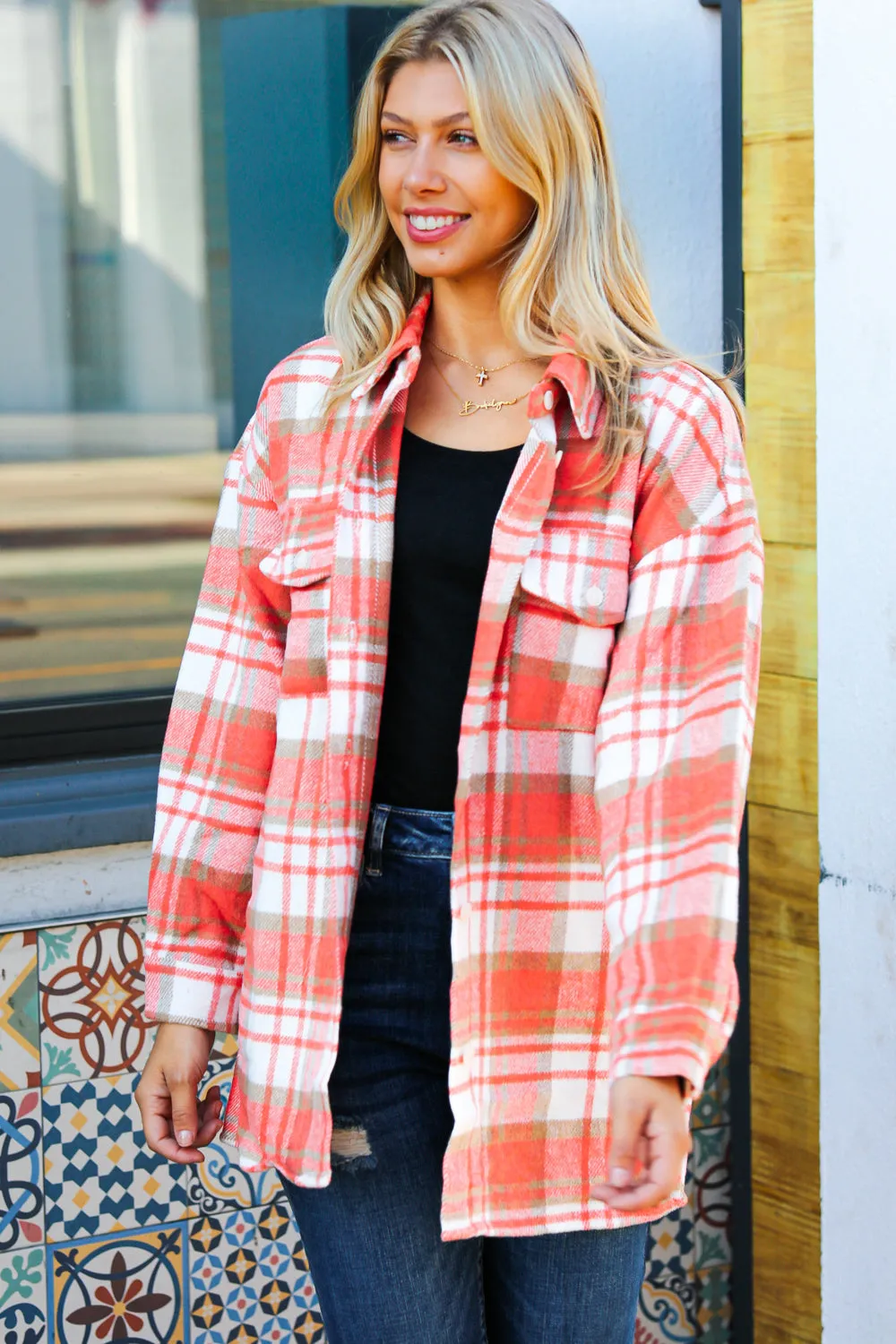 Orange Plaid Flannel Button Down Shacket sold by Charming Charlie product image thumbnail 2