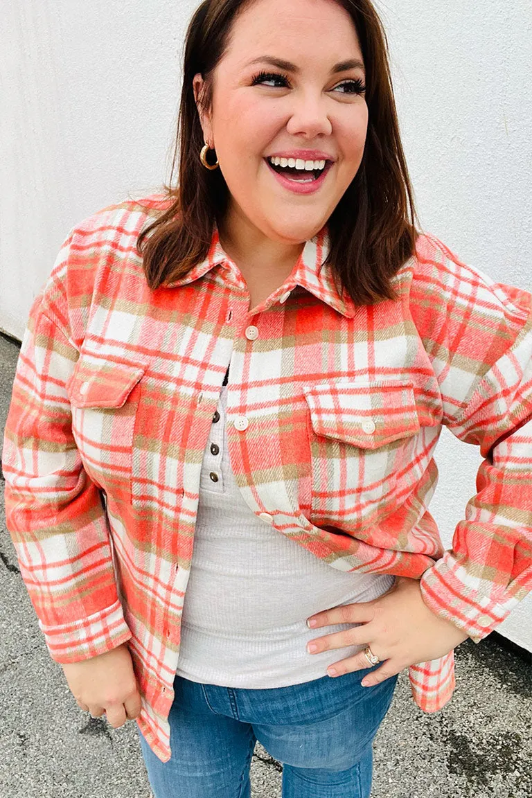 Orange Plaid Flannel Button Down Shacket sold by Charming Charlie
