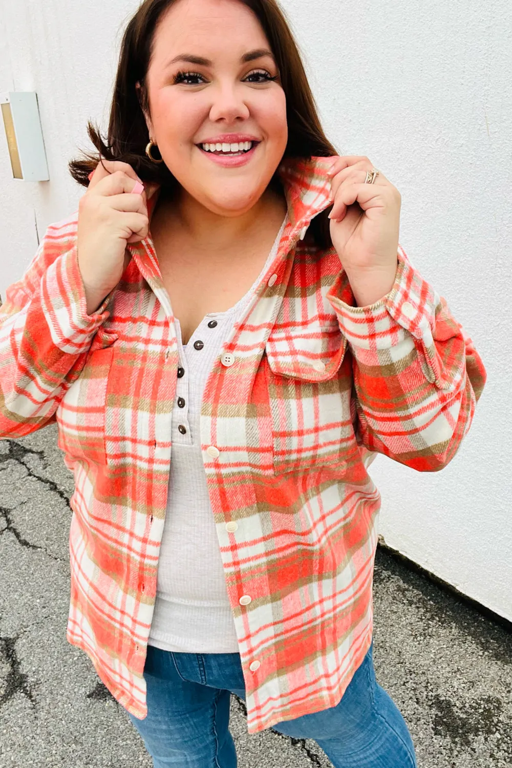 Orange Plaid Flannel Button Down Shacket sold by Charming Charlie product image thumbnail 3