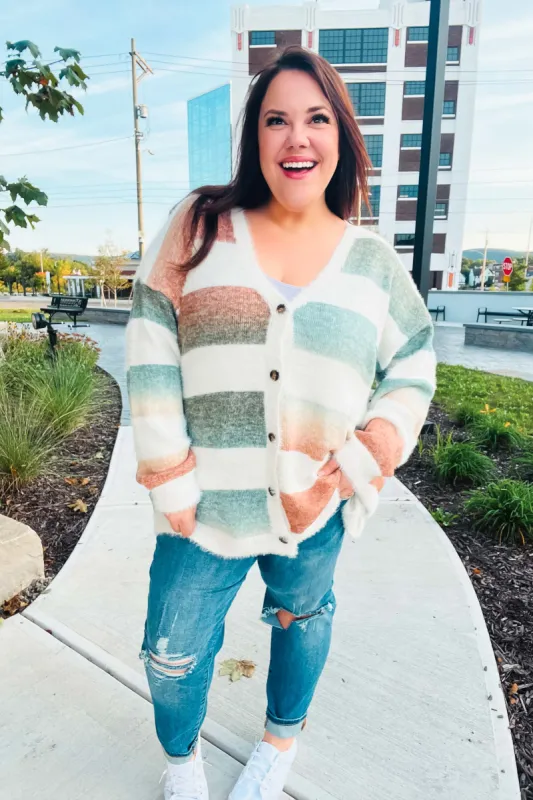 Ivory Striped Button Down Fuzzy Knit Cardigan sold by Charming Charlie