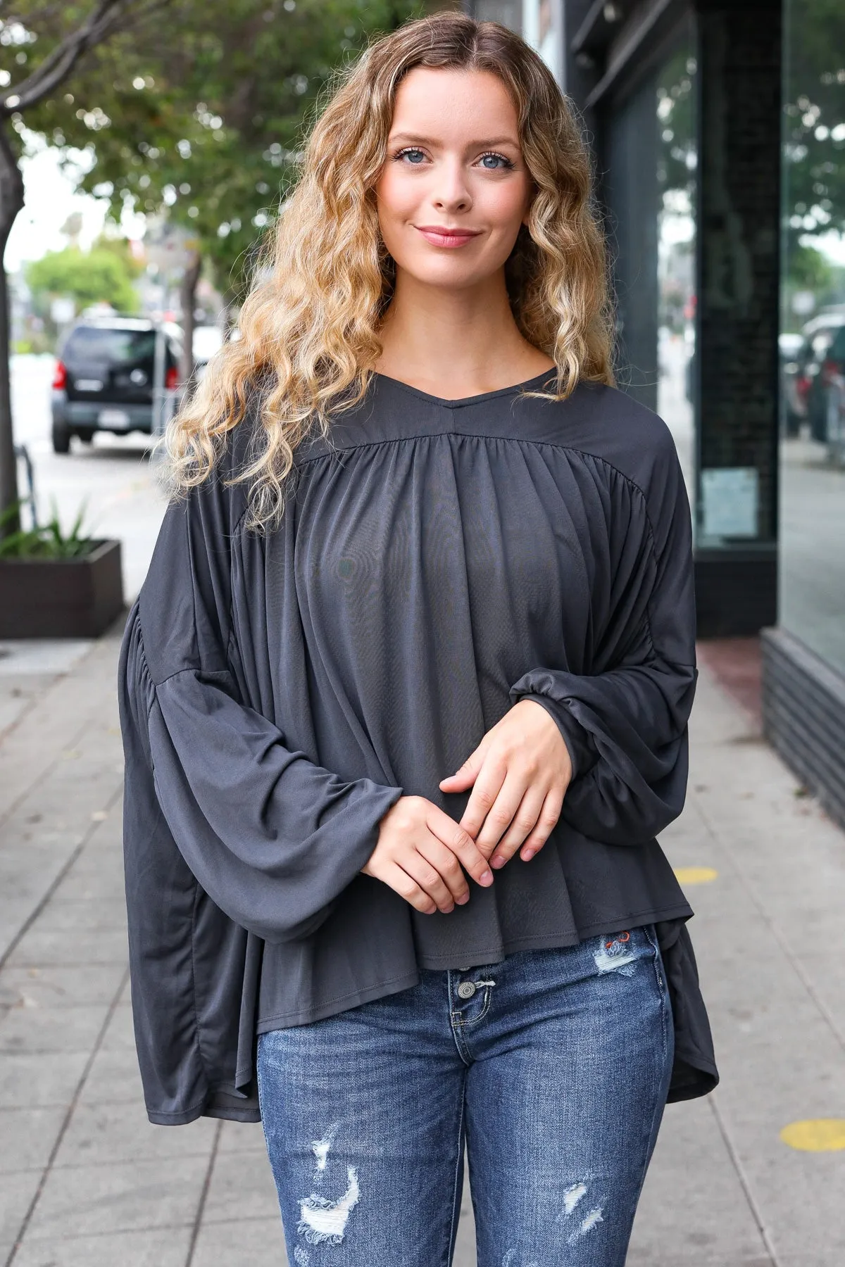 Casual Chic Charcoal V Neck Yoke Modal Knit Top sold by Charming Charlie product image thumbnail 3