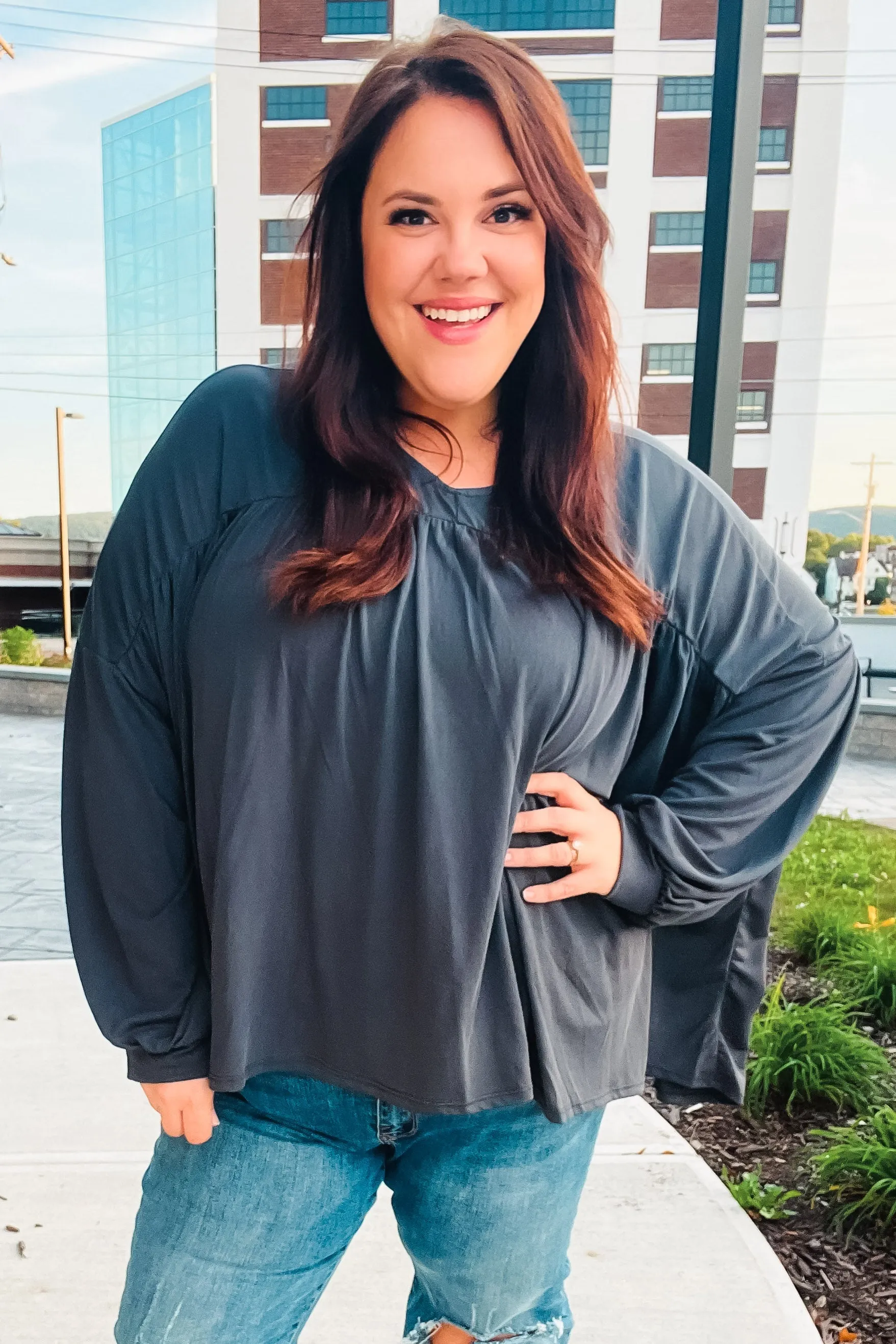 Casual Chic Charcoal V Neck Yoke Modal Knit Top sold by Charming Charlie