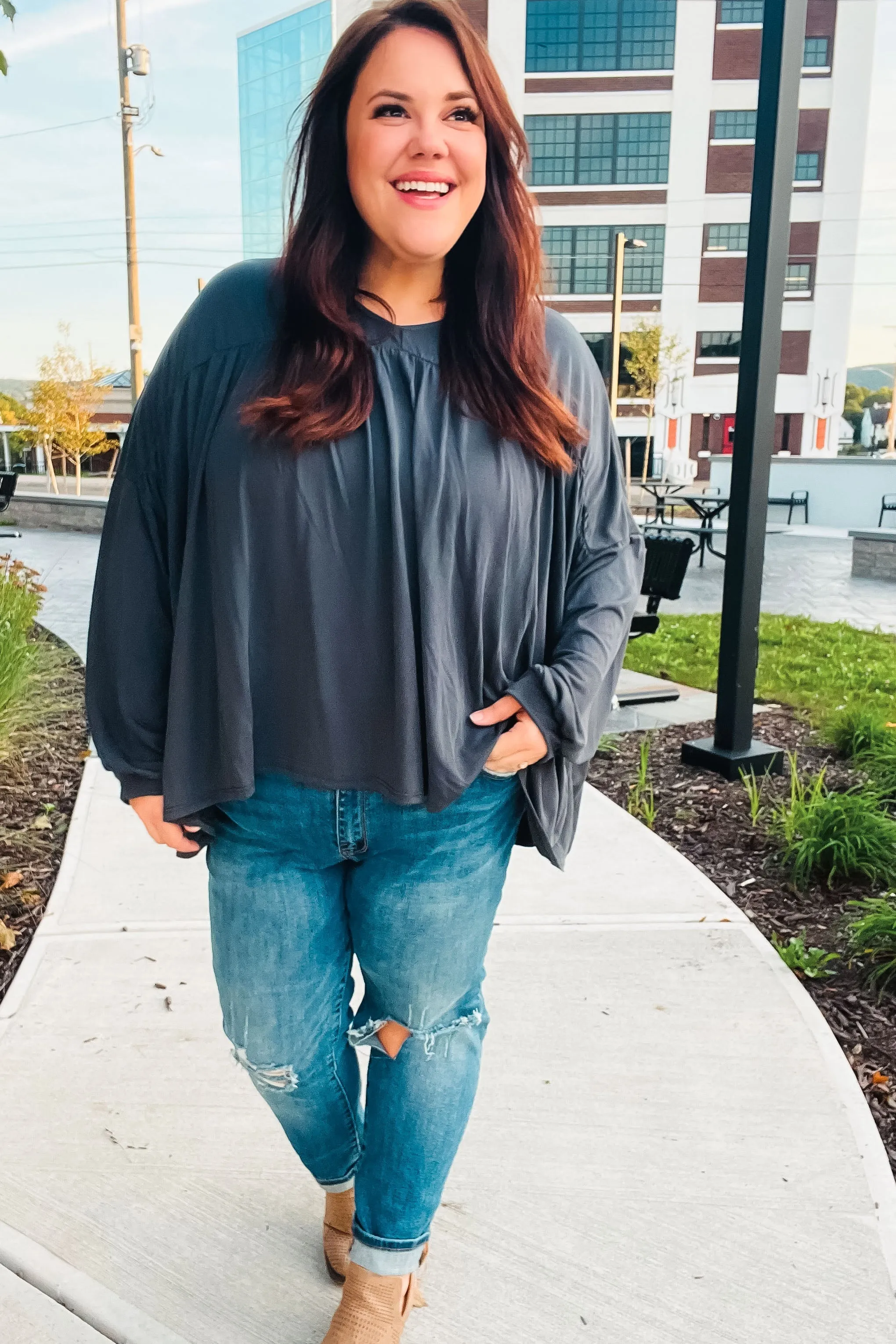 Casual Chic Charcoal V Neck Yoke Modal Knit Top sold by Charming Charlie product image thumbnail 4