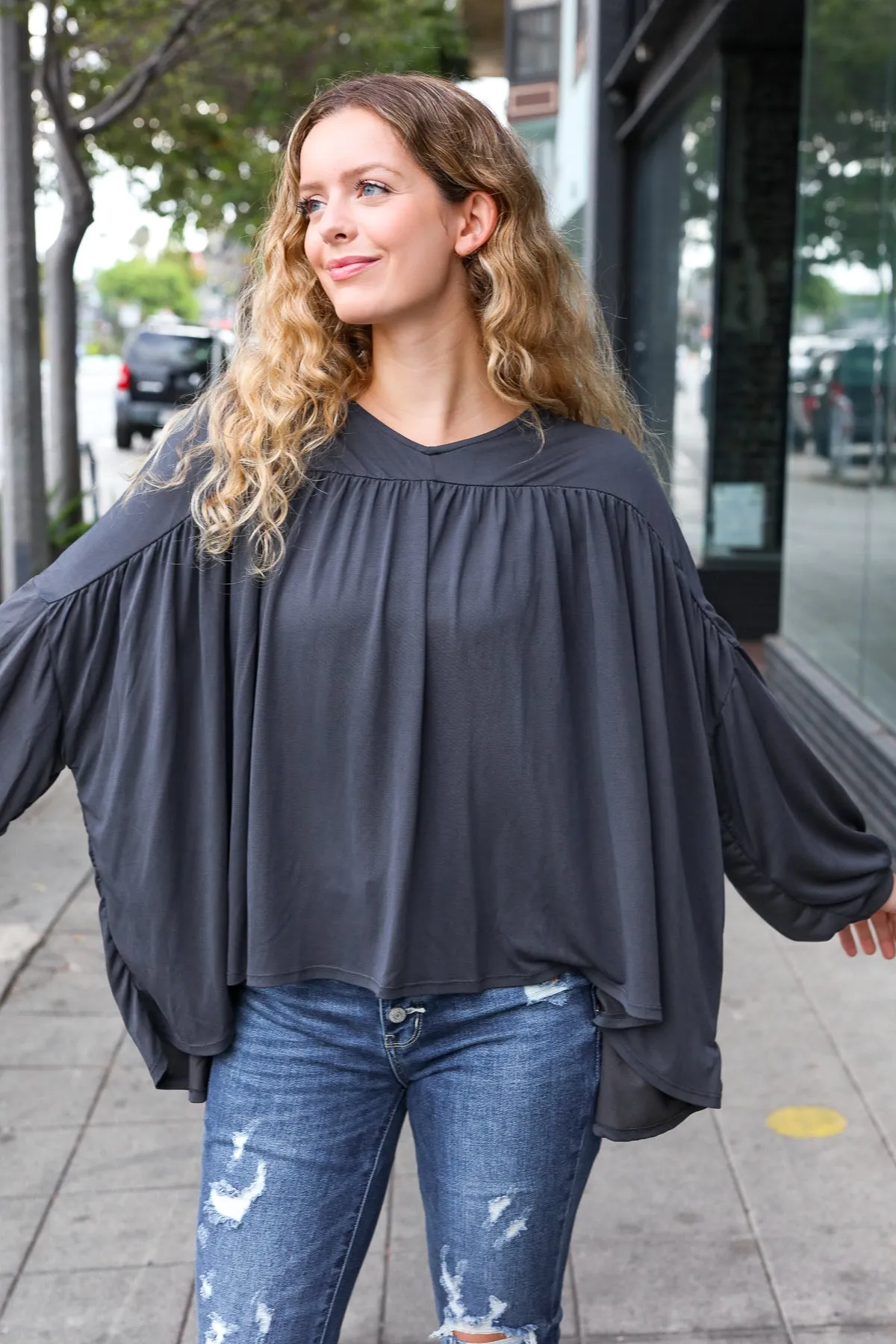 Casual Chic Charcoal V Neck Yoke Modal Knit Top sold by Charming Charlie product image thumbnail 2