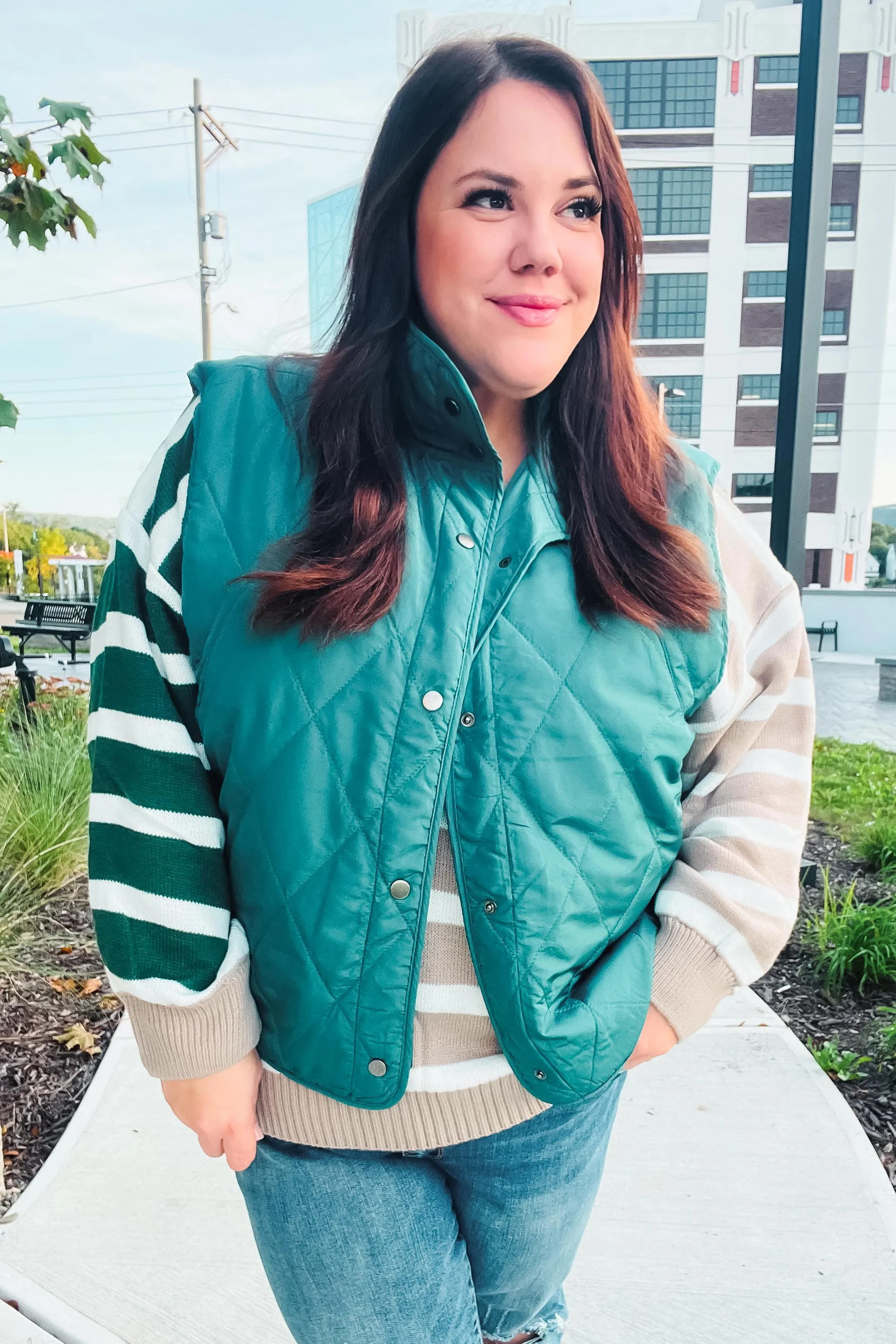 Weekend Ready Hunter Green Snap Button Quilted Puffer Vest sold by Charming Charlie