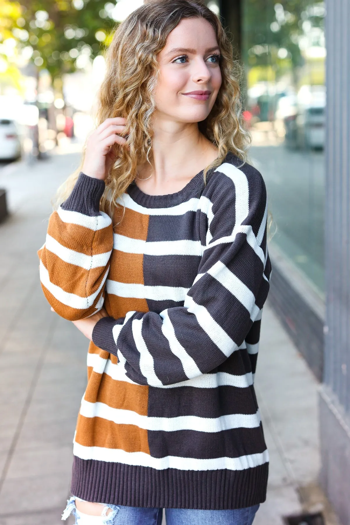 Camel & Charcoal Striped Color Block Sweater sold by Charming Charlie product image thumbnail 5