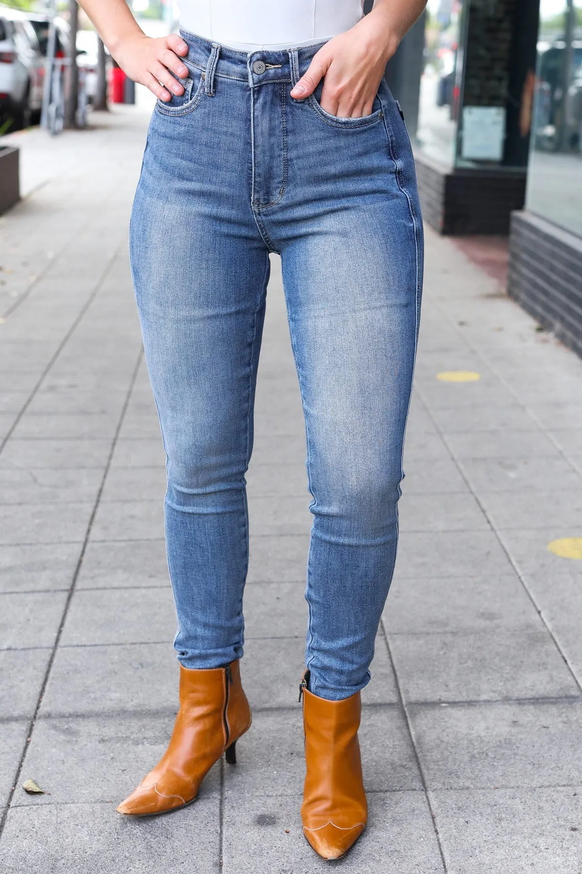 Judy Blue Medium Wash High Rise Skinny Jeans sold by Charming Charlie