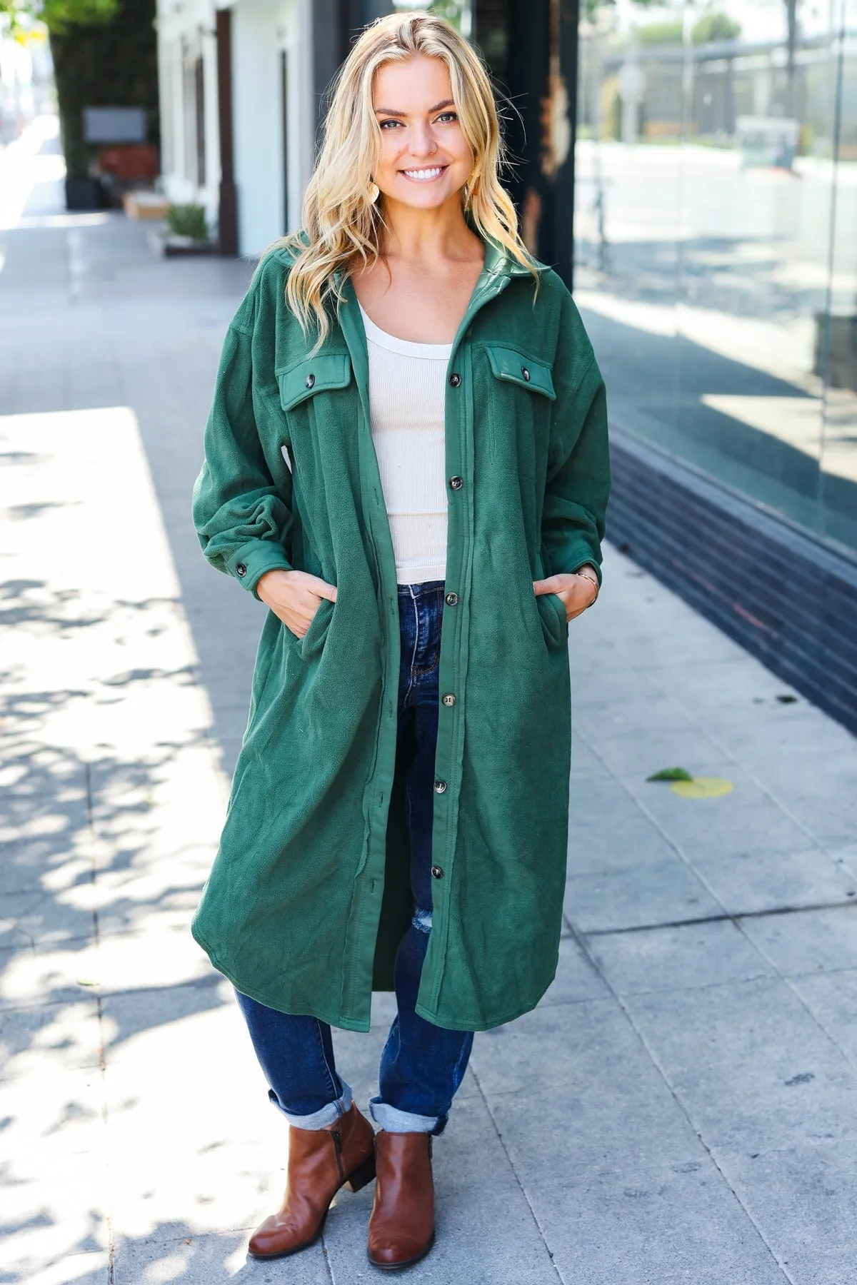 Turn Heads Forest Green Fleece Button Down Duster Jacket sold by Charming Charlie