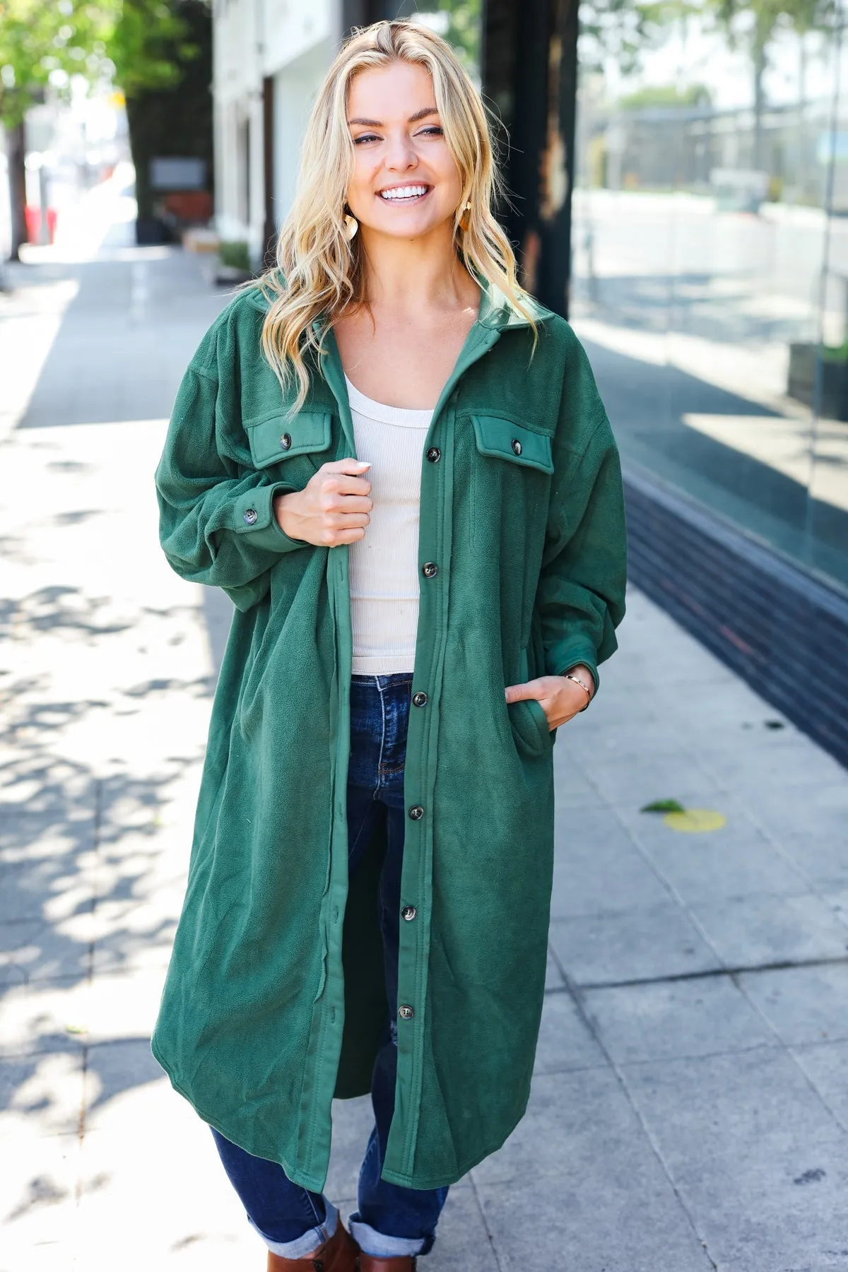 Turn Heads Forest Green Fleece Button Down Duster Jacket sold by Charming Charlie product image thumbnail 3