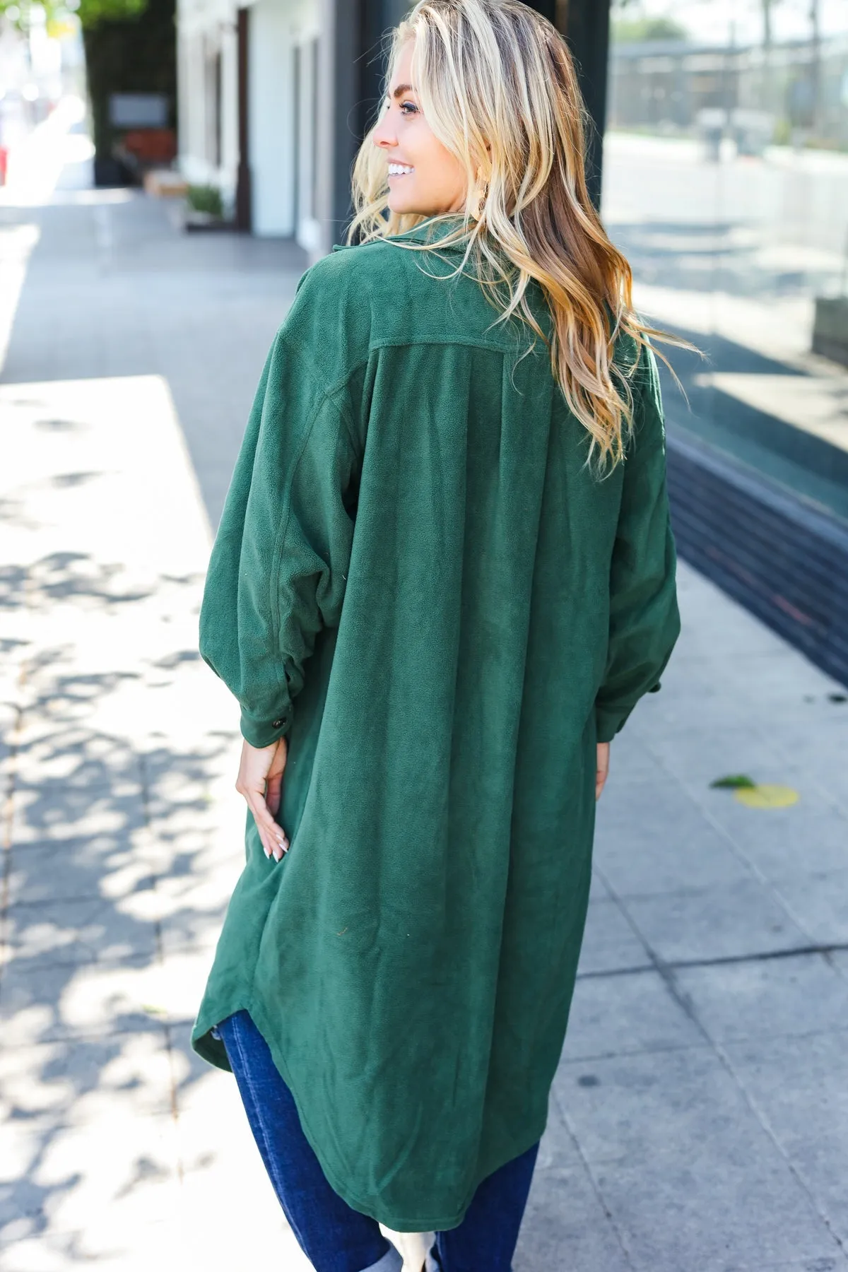 Turn Heads Forest Green Fleece Button Down Duster Jacket sold by Charming Charlie product image thumbnail 2