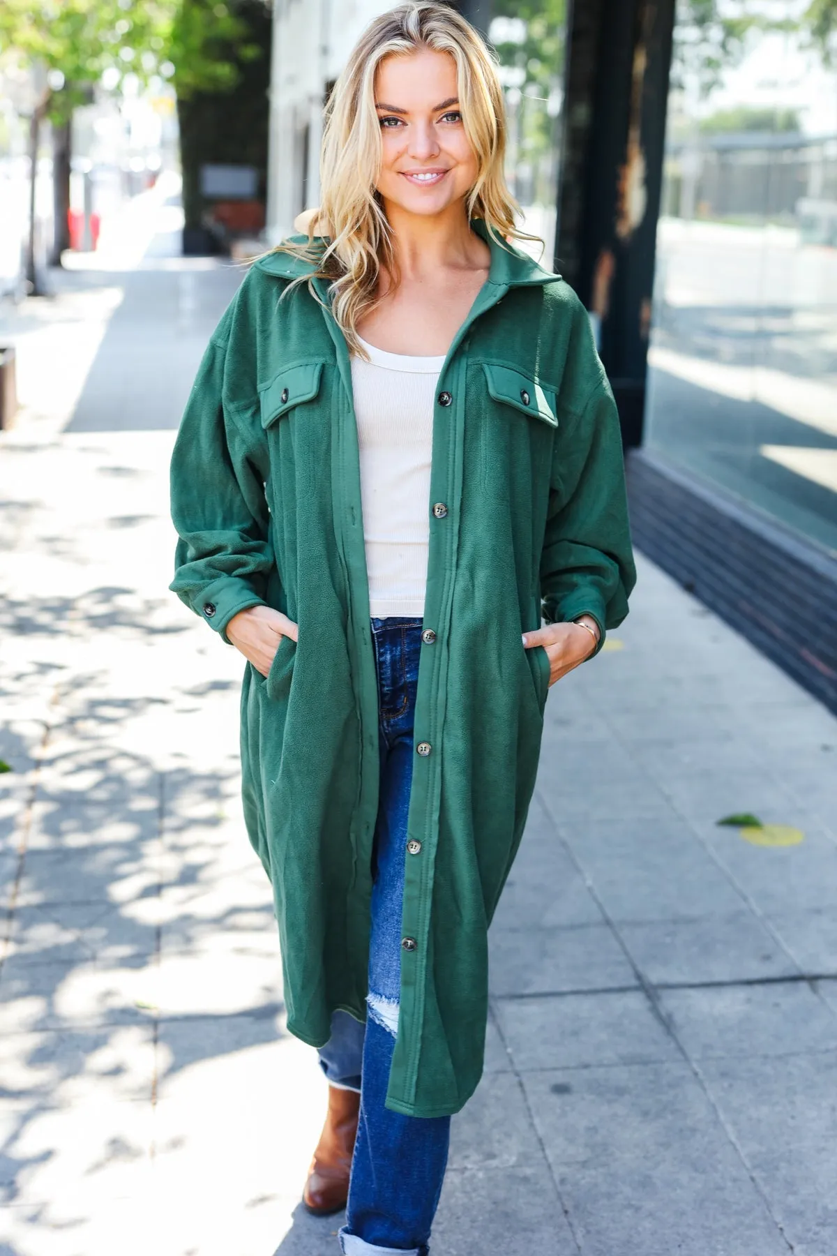 Turn Heads Forest Green Fleece Button Down Duster Jacket sold by Charming Charlie product image thumbnail 5