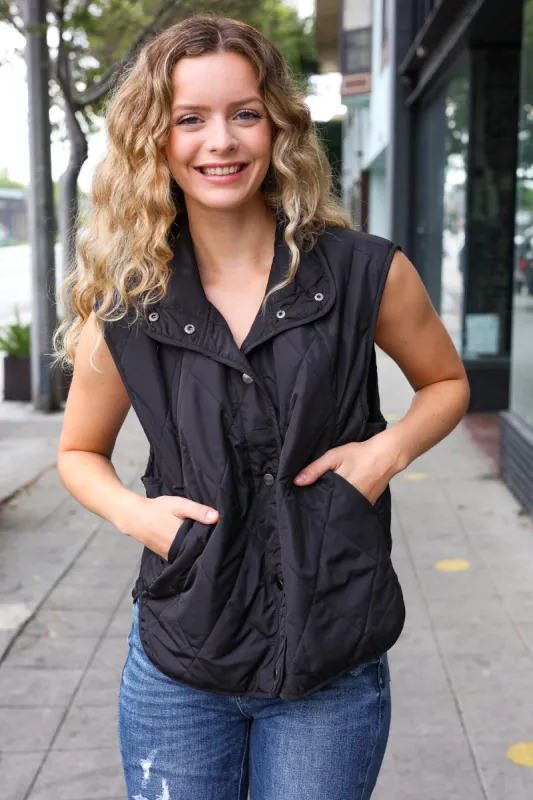 Weekend Ready Black Snap Button Quilted Puffer Vest sold by Charming Charlie