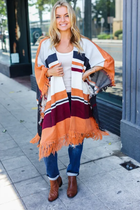 Follow Me Rust Multicolor Stripe Tassel Fringe Open Poncho sold by Charming Charlie