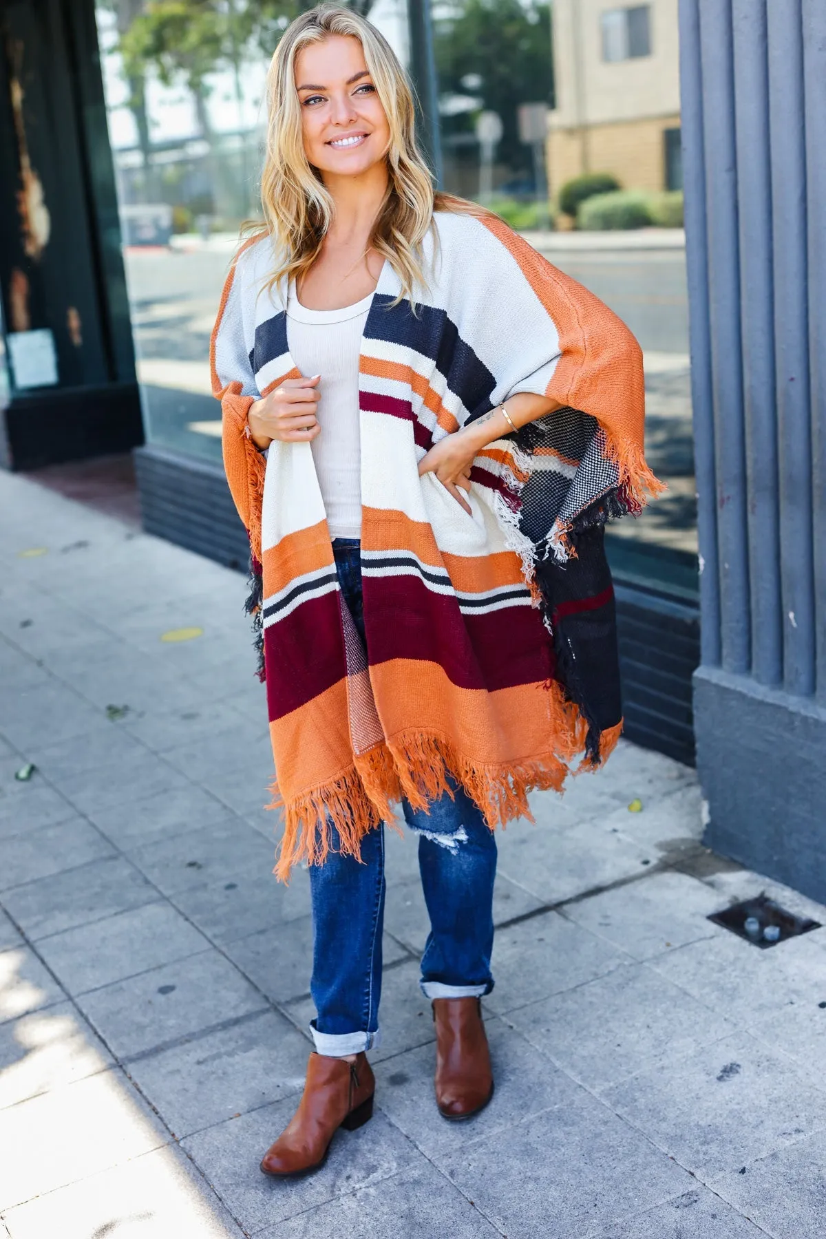 Follow Me Rust Multicolor Stripe Tassel Fringe Open Poncho sold by Charming Charlie product image thumbnail 3