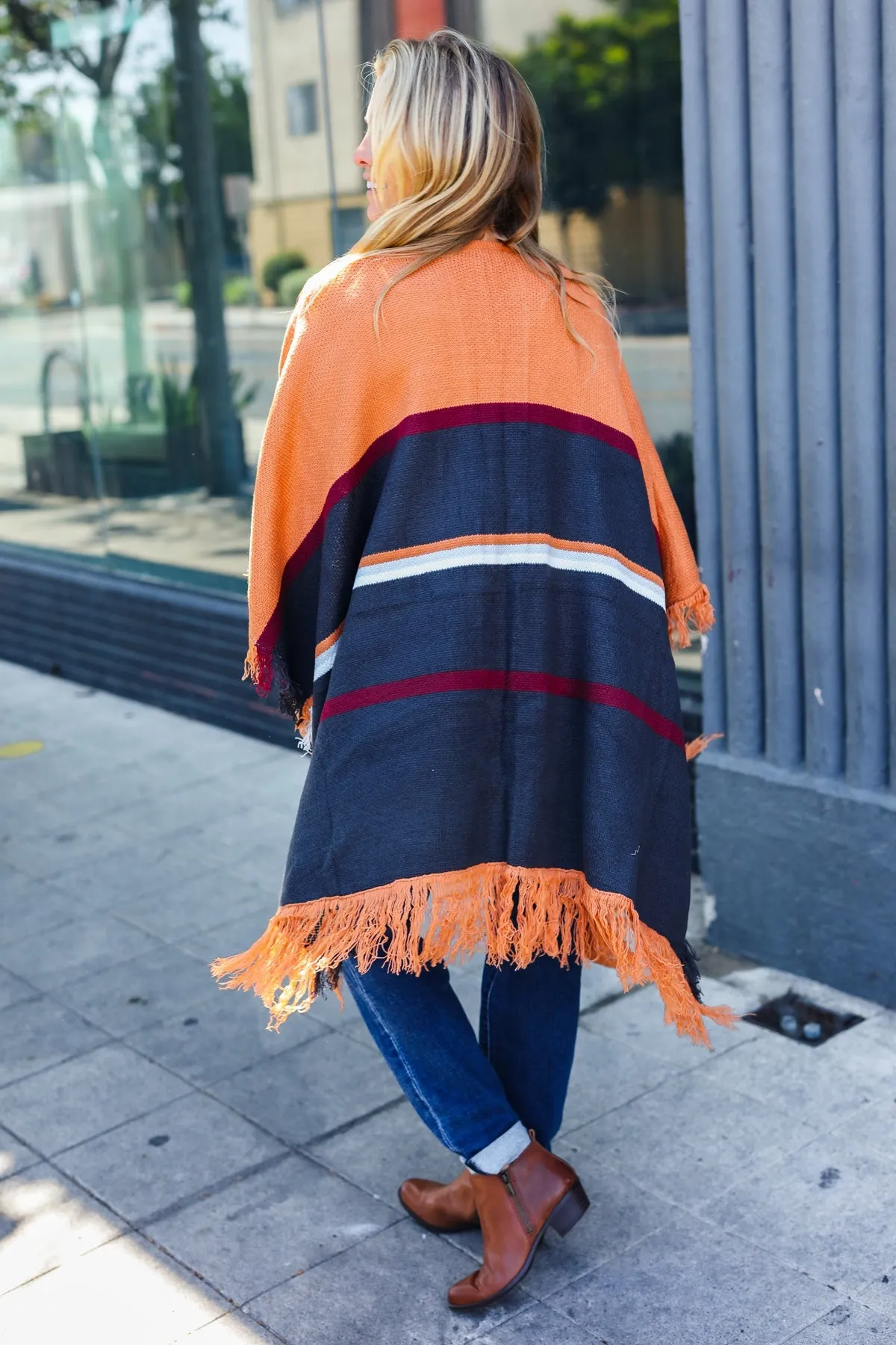 Follow Me Rust Multicolor Stripe Tassel Fringe Open Poncho sold by Charming Charlie product image thumbnail 2