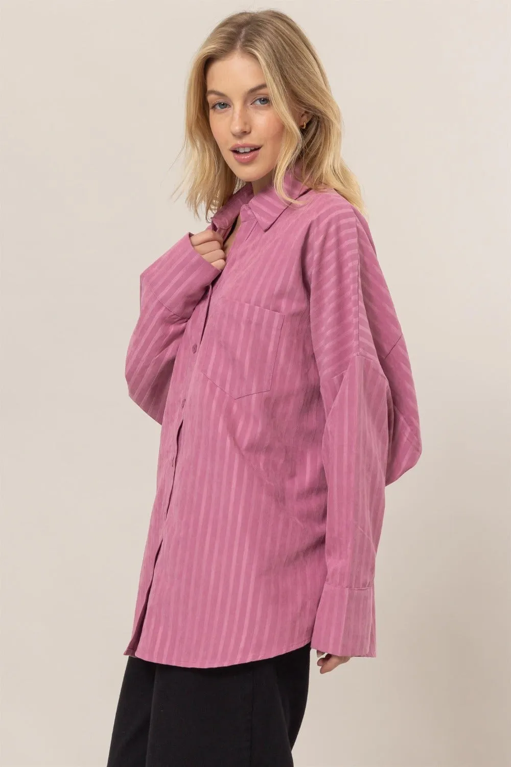 HYFVE Stripe Button Down Long Sleeve Oversized Shirt sold by Charming Charlie product image thumbnail 3