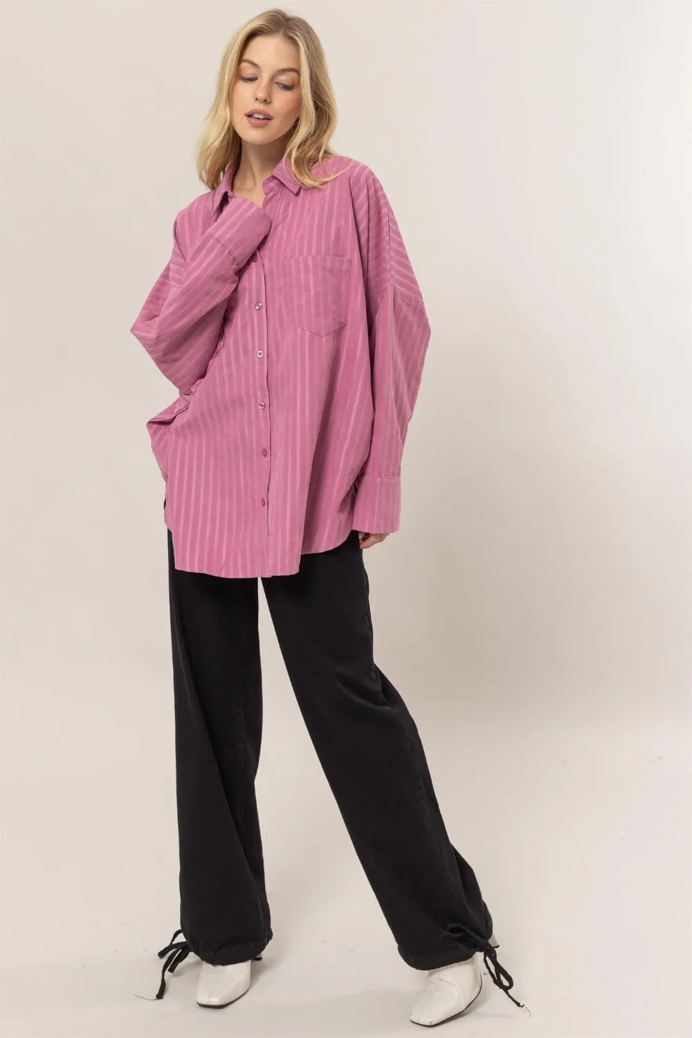 HYFVE Stripe Button Down Long Sleeve Oversized Shirt sold by Charming Charlie product image thumbnail 4