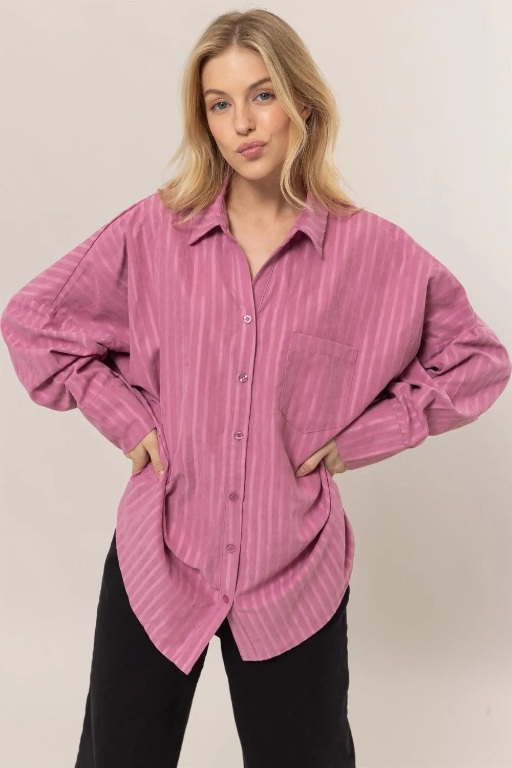 HYFVE Stripe Button Down Long Sleeve Oversized Shirt sold by Charming Charlie