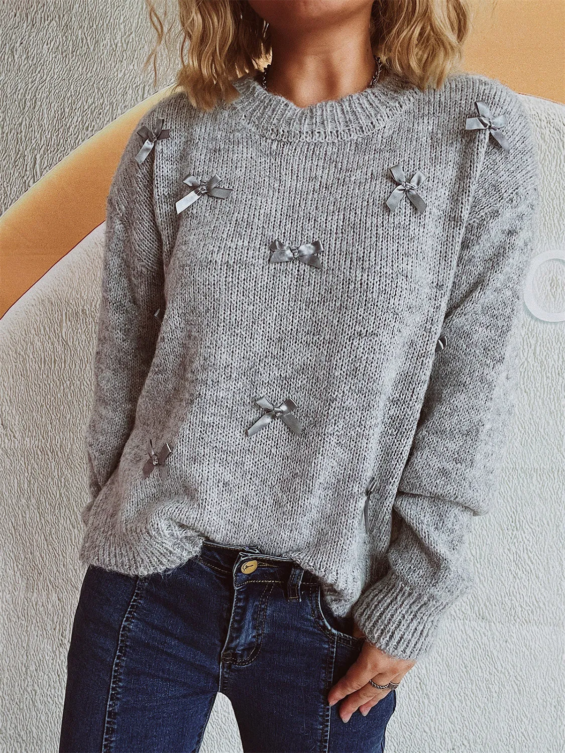 Bow Trim Round Neck Long Sleeve Sweater sold by Charming Charlie product image thumbnail 5