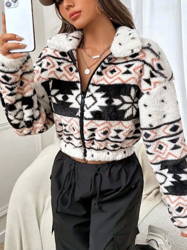 Geometric Collared Neck Zip Up Cropped Jacket sold by Charming Charlie
