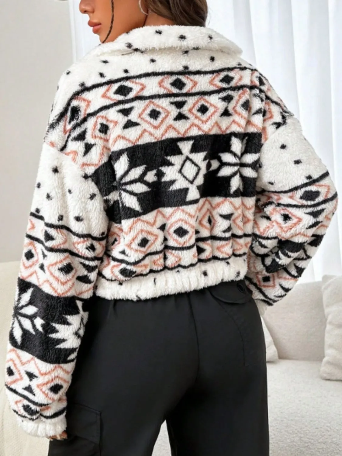 Geometric Collared Neck Zip Up Cropped Jacket sold by Charming Charlie product image thumbnail 2