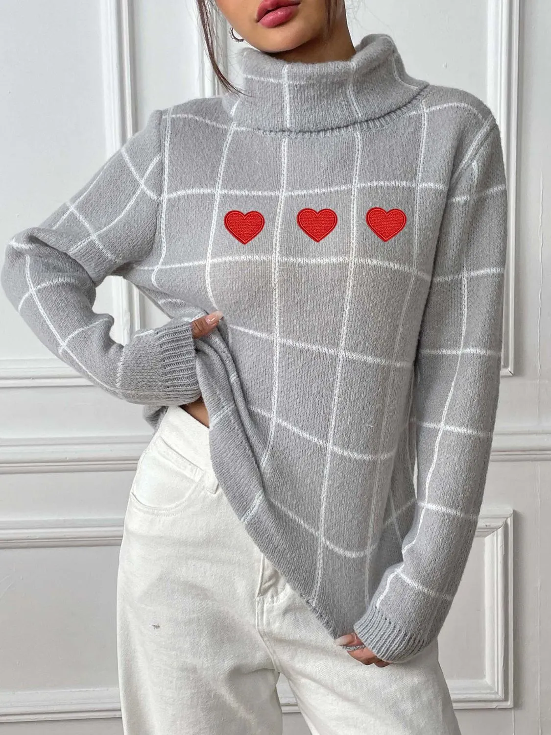 Heart Plaid Turtleneck Long Sleeve Sweater sold by Charming Charlie product image thumbnail 3