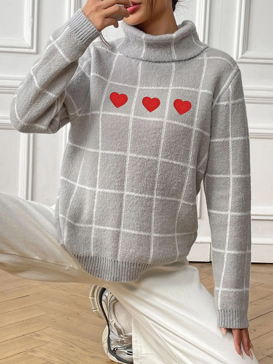 Heart Plaid Turtleneck Long Sleeve Sweater sold by Charming Charlie