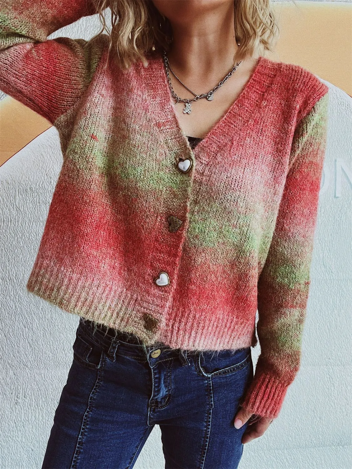 Gradient Heart Shape Button V-Neck Cardigan sold by Charming Charlie product image thumbnail 2