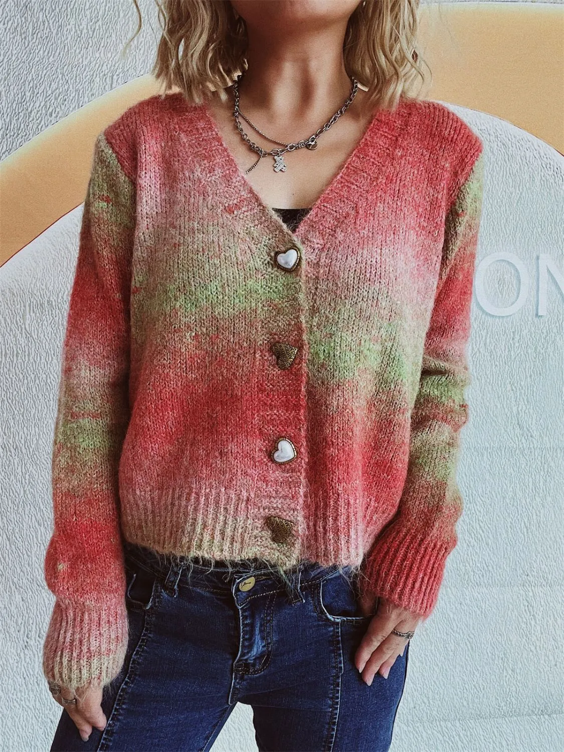 Gradient Heart Shape Button V-Neck Cardigan sold by Charming Charlie product image thumbnail 3