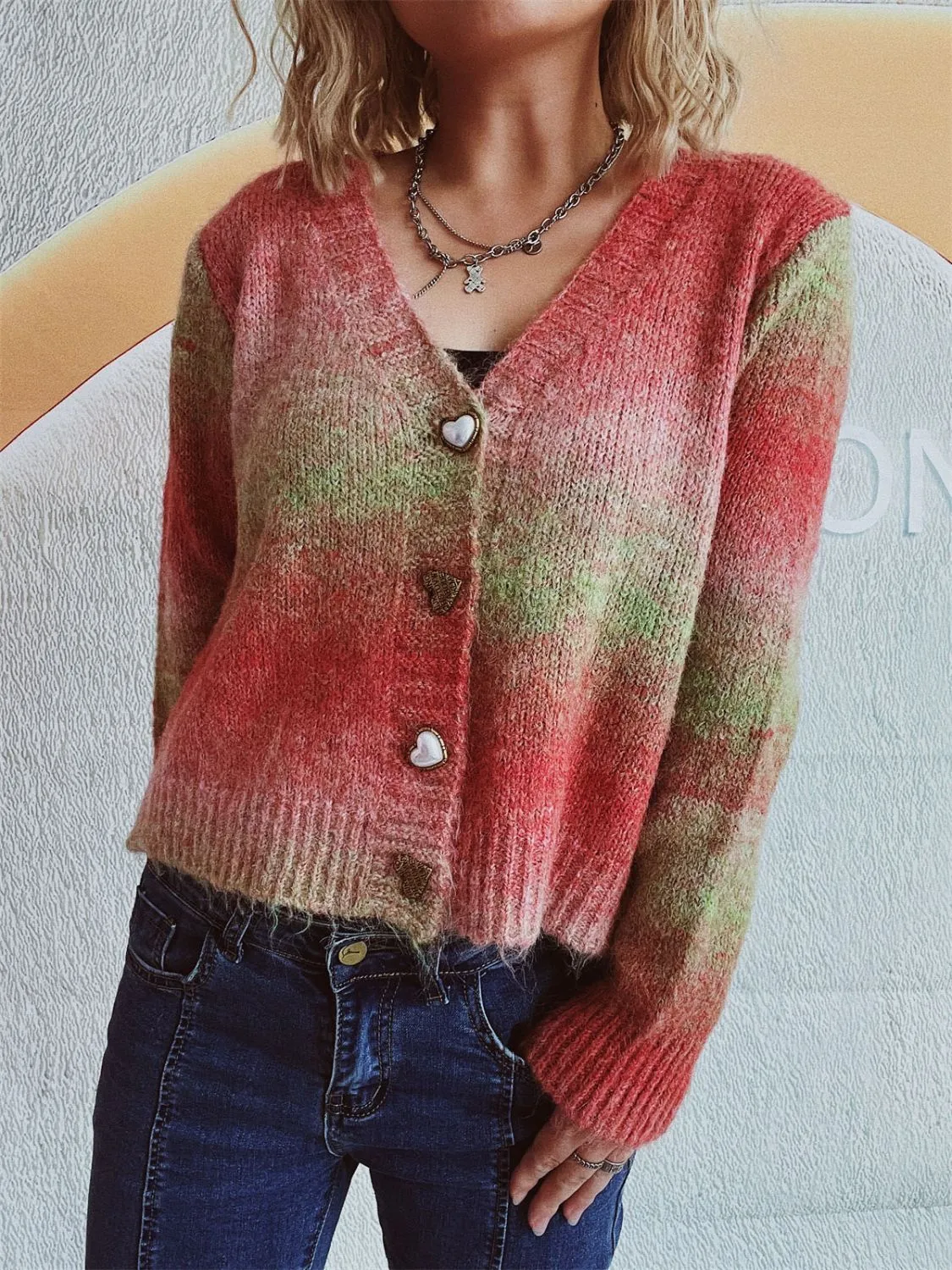 Gradient Heart Shape Button V-Neck Cardigan sold by Charming Charlie product image thumbnail 4