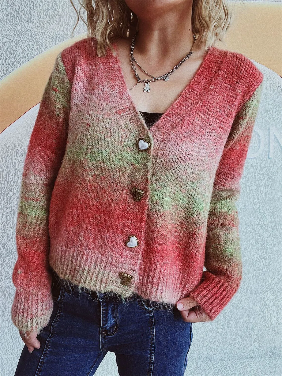 Gradient Heart Shape Button V-Neck Cardigan sold by Charming Charlie