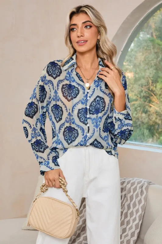 Tribal Pattern Print Buttoned V Neck Loose Shirt sold by Charming Charlie