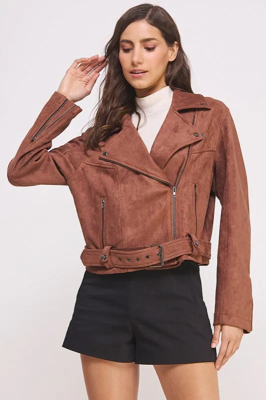 BELTED LONG SLEEVE ZIPPERED SUEDE MOTO JACKET sold by Charming Charlie