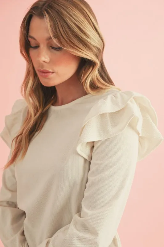 Corduroy Round Neck Ruffled Flounce Sleeve Blouse sold by Charming Charlie