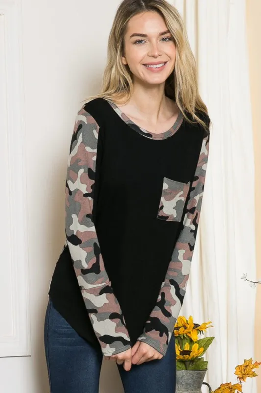 Camouflage Contrast Knit Top sold by Charming Charlie