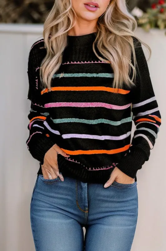 Colorful Striped Ribbed Trim Round Neck Sweater sold by Charming Charlie