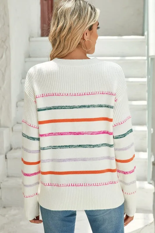 Colorful Striped Ribbed Trim Round Neck Sweater sold by Charming Charlie product image thumbnail 3
