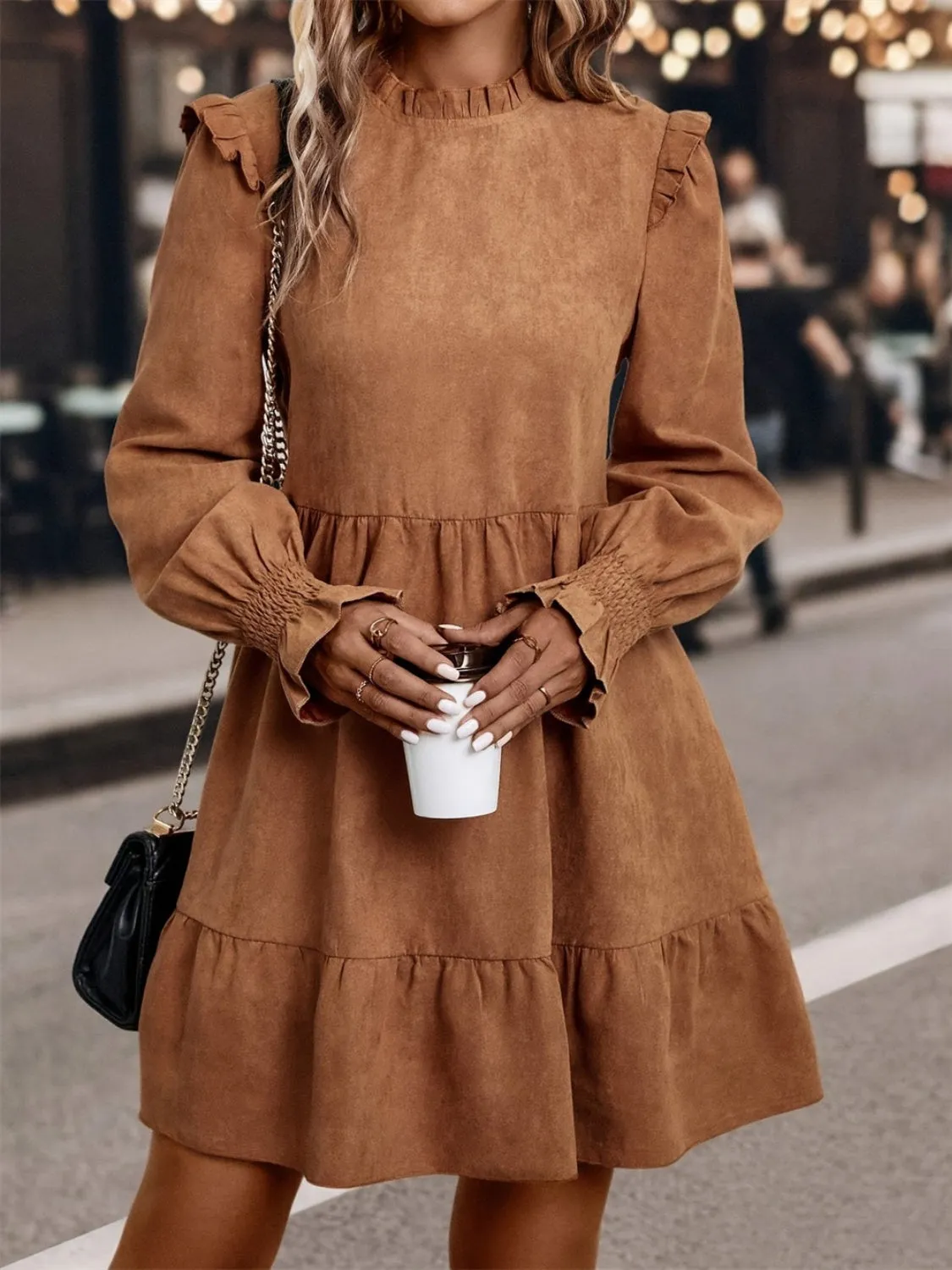 Frill Round Neck Long Sleeve Mini Dress sold by Charming Charlie product image thumbnail 4