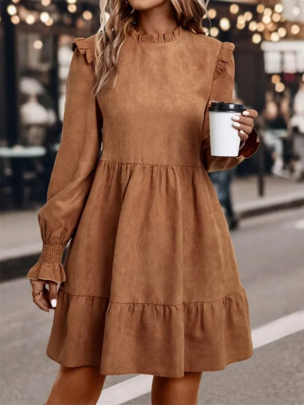 Frill Round Neck Long Sleeve Mini Dress sold by Charming Charlie