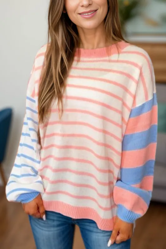 Contrast Striped Round Neck Long Sleeve Sweater sold by Charming Charlie