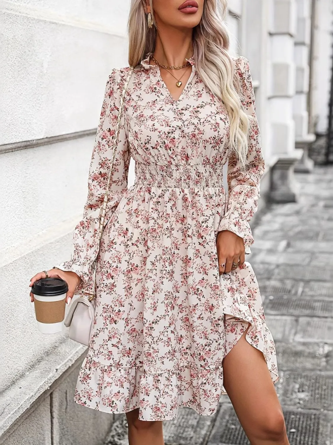 Ruffle Hem Floral Surplice Long Sleeve Dress sold by Charming Charlie product image thumbnail 4