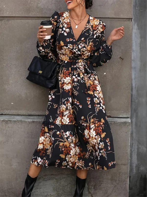 Ruffled Printed Surplice Long Sleeve Midi Dress sold by Charming Charlie