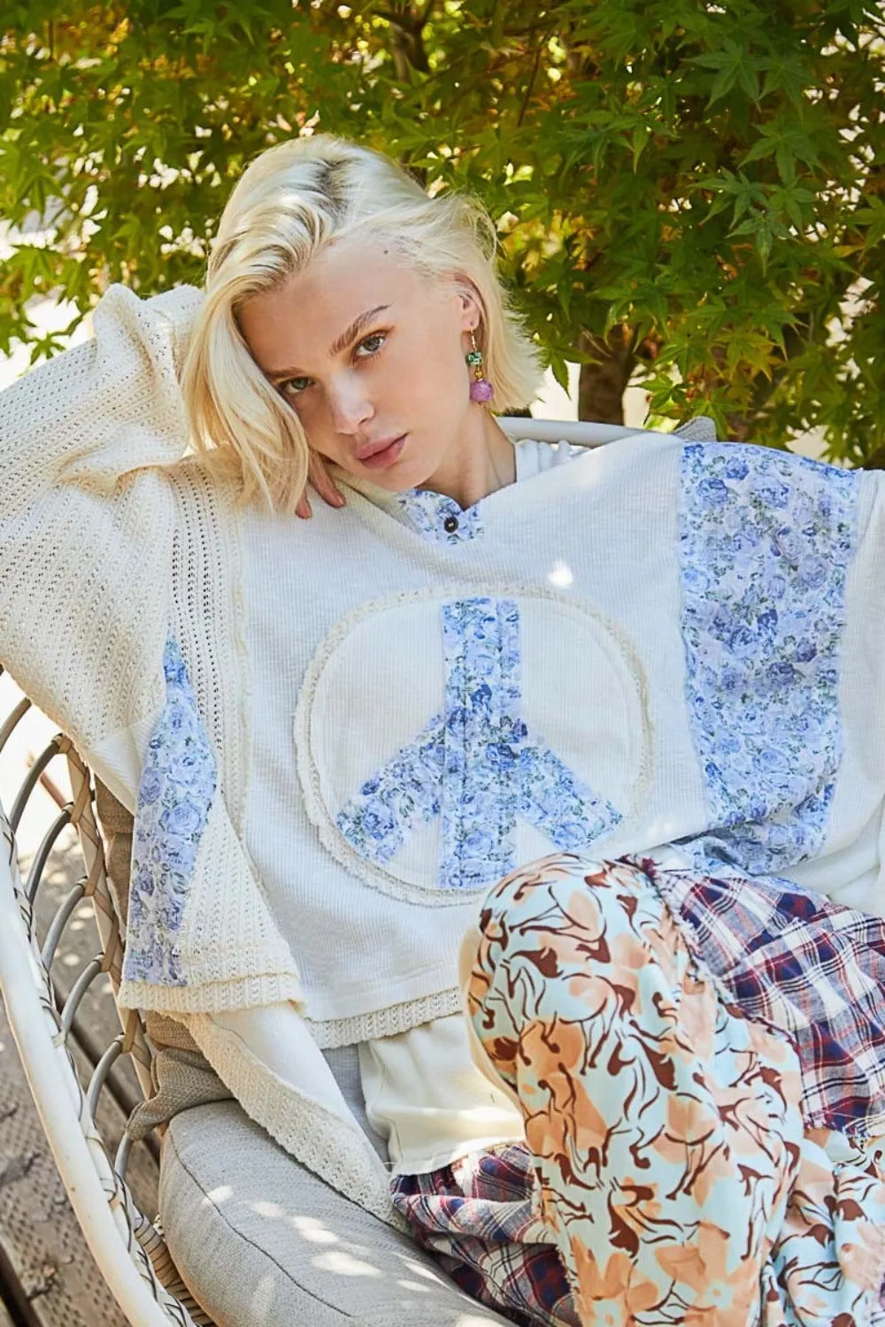 POL Long Sleeve Floral Peace Patch Ribbed Hoodie sold by Charming Charlie