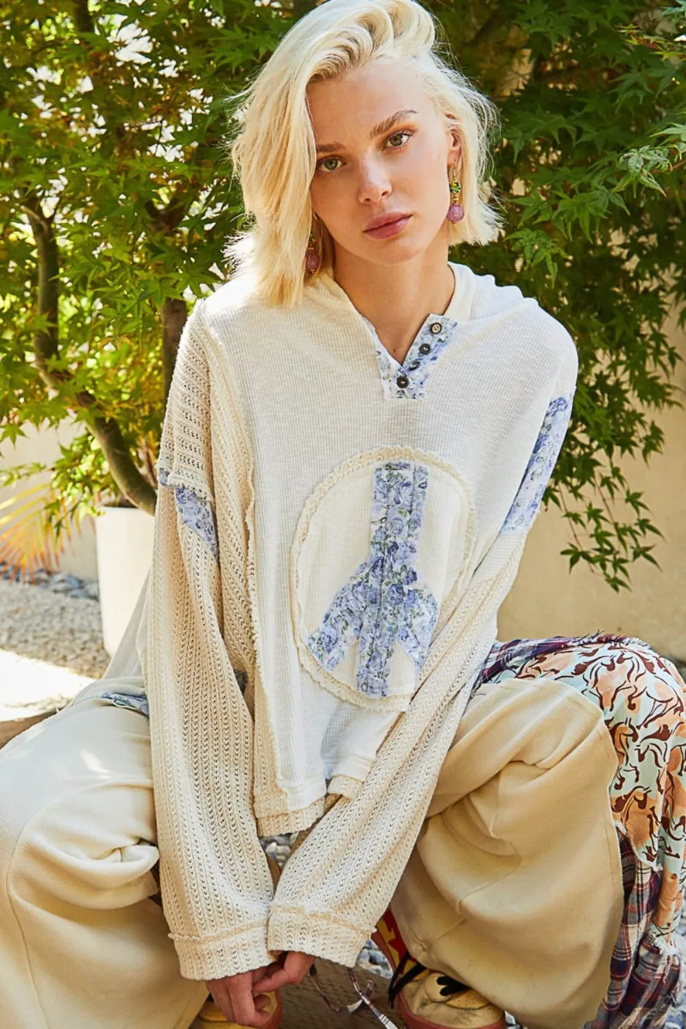 POL Long Sleeve Floral Peace Patch Ribbed Hoodie sold by Charming Charlie product image thumbnail 3