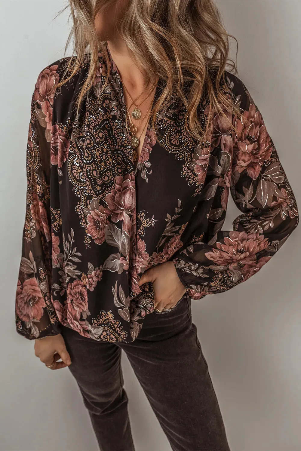 Printed Surplice Long Sleeve Blouse sold by Charming Charlie product image thumbnail 4